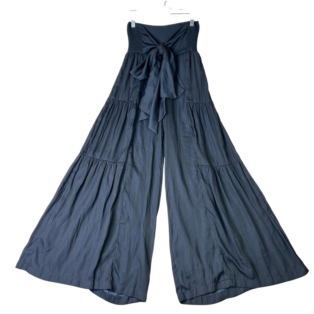 Mustard Seed Womens Black Tiered Wide Leg Smocked Bow High Waist Pants S